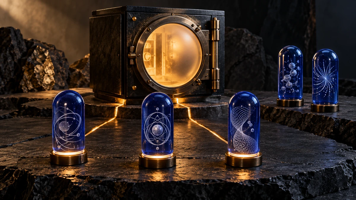 Five blue glass capsules beside a glowing vault, with three illuminated in the foreground and two standing apart on the right.