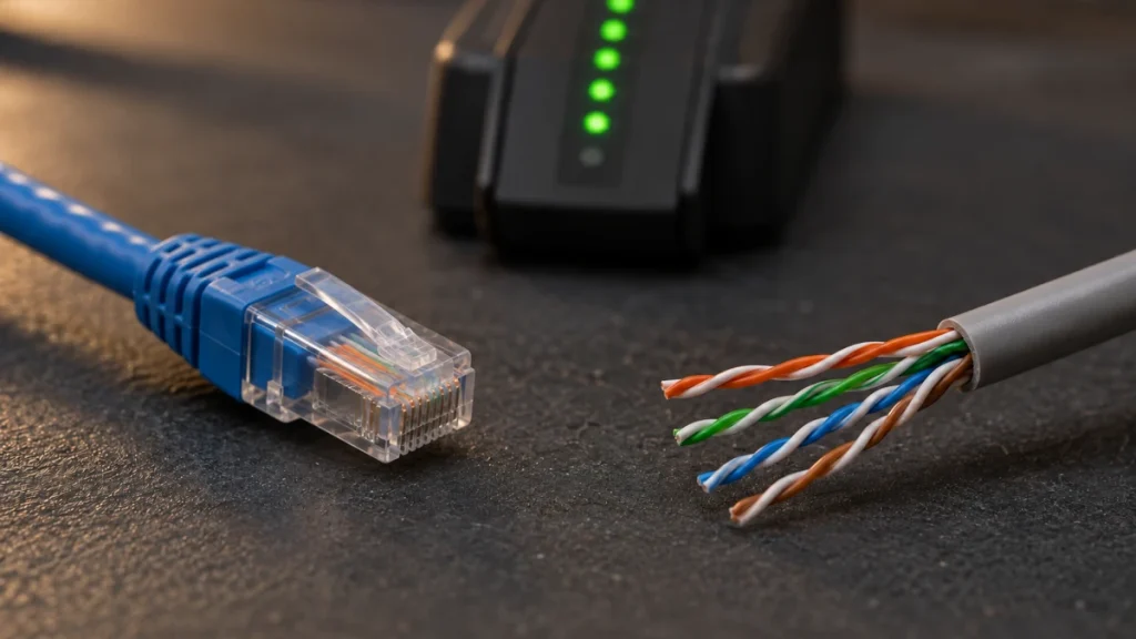 Macro view of a transparent Ethernet connector and exposed colored twisted pairs beside a cable tester with green indicator lights.