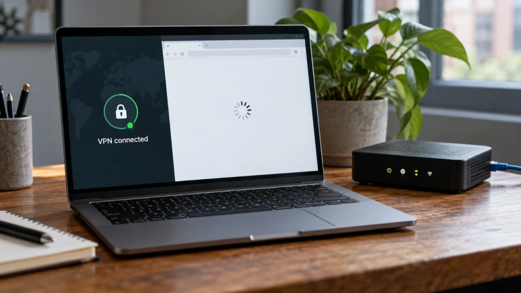 Laptop showing a connected VPN beside a browser page stuck loading, with a router on the desk.