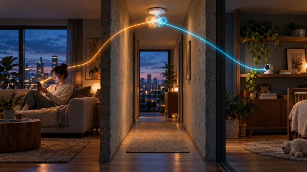 A phone and a security camera in separate rooms send amber and blue light trails toward one ceiling-mounted Wi-Fi access point.