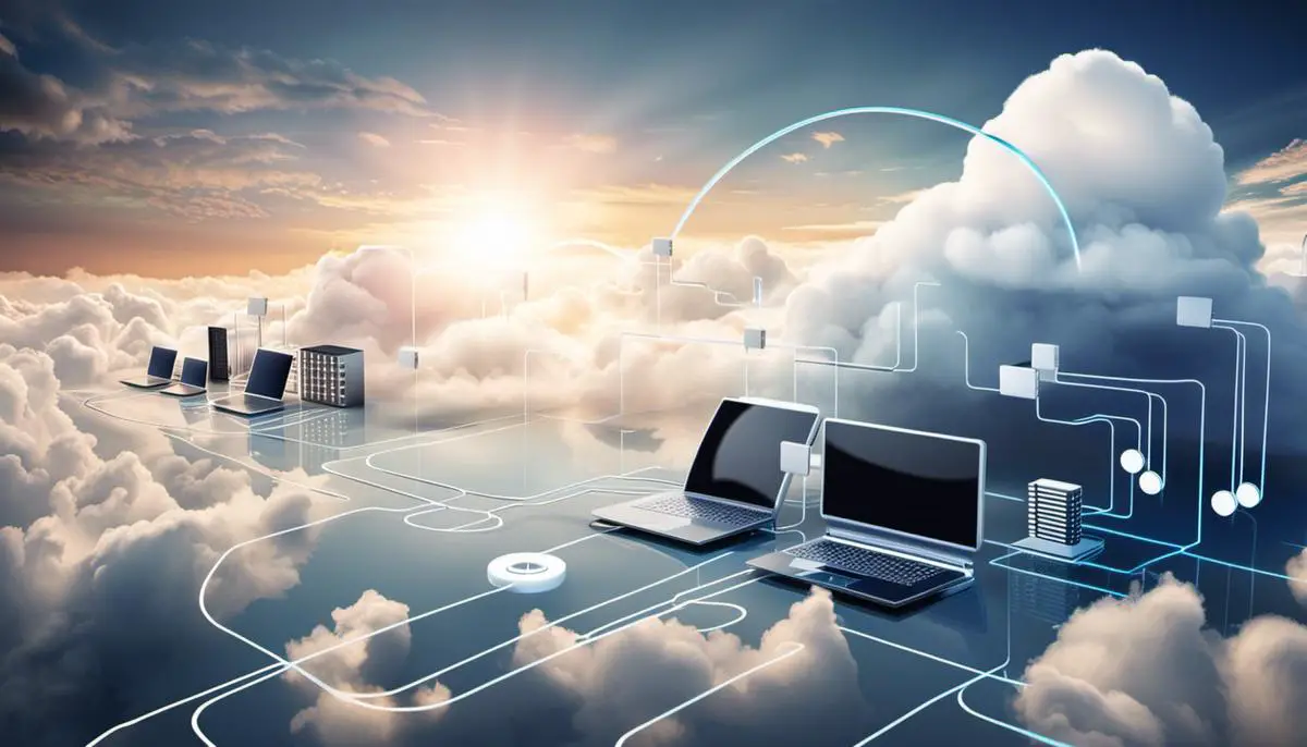 Illustration of cloud networking with interconnected devices and data storage