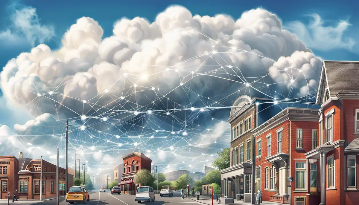 Illustration of a cloud network with small business buildings connected to it.