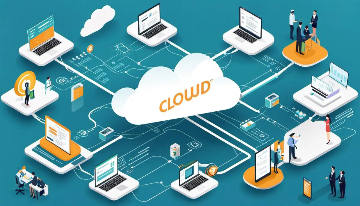 Illustration depicting the benefits of cloud networking, including cost savings, scalability, security, efficiency, access to technology, and improved collaboration.