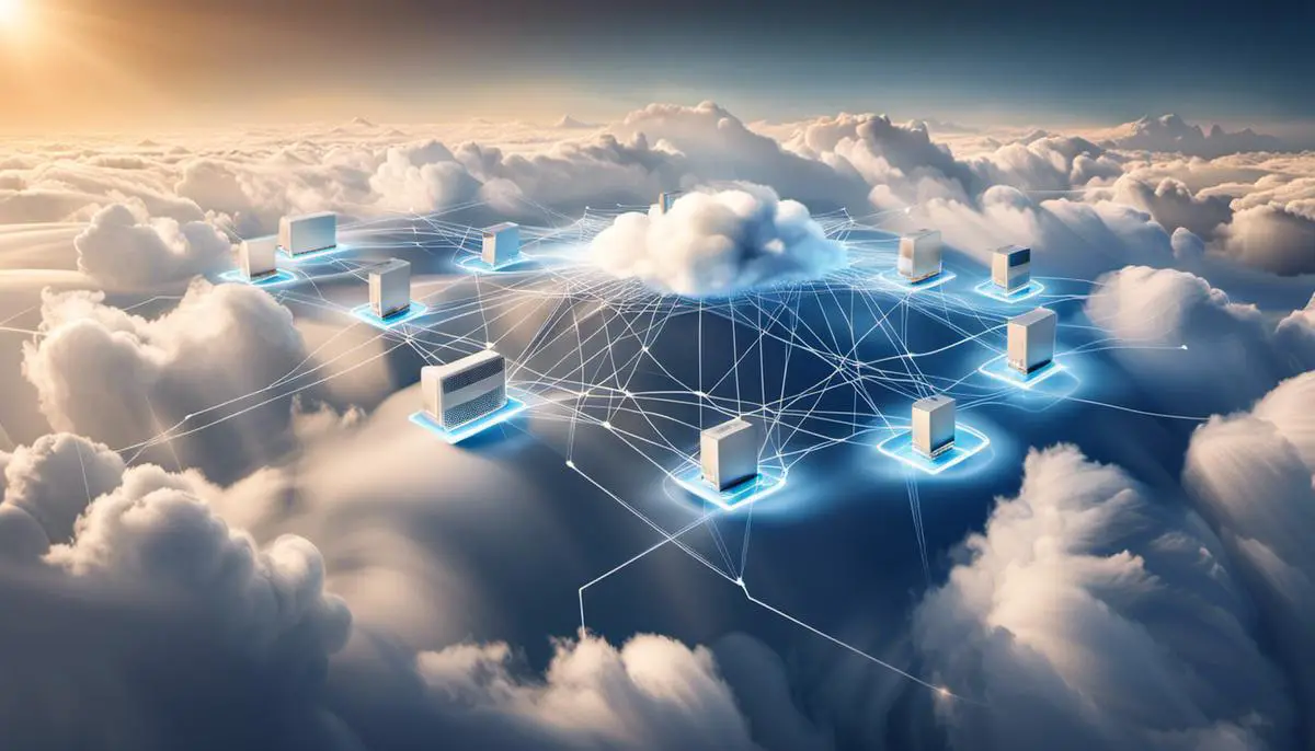 Illustration of cloud networking, showing interconnected devices and servers in a cloud environment.